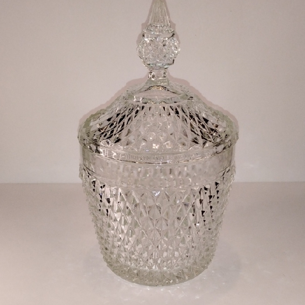 P-035 Vintage Indiana Glass Diamond Point Cut-Pattern Covered Jar